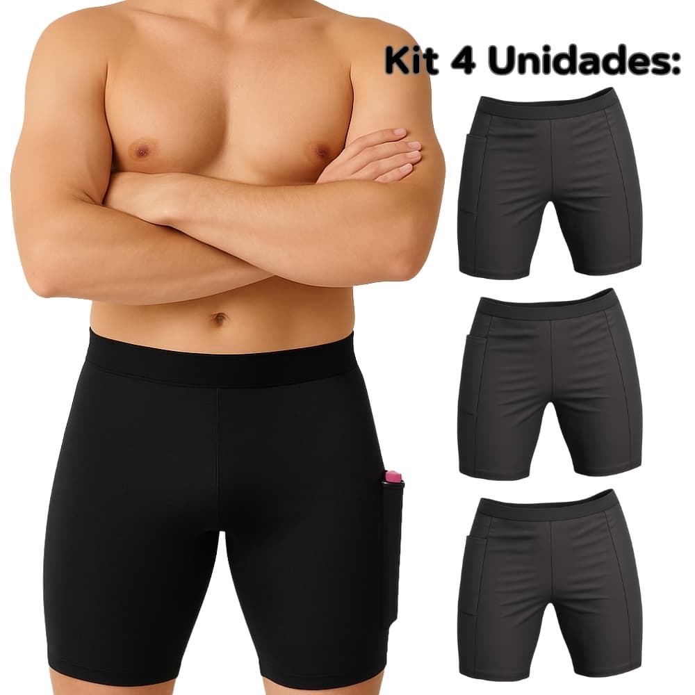 Kit 4 Bermuda Térmica Segunda Pele Com Bolso Compressão Short Ciclista Preta Masculina