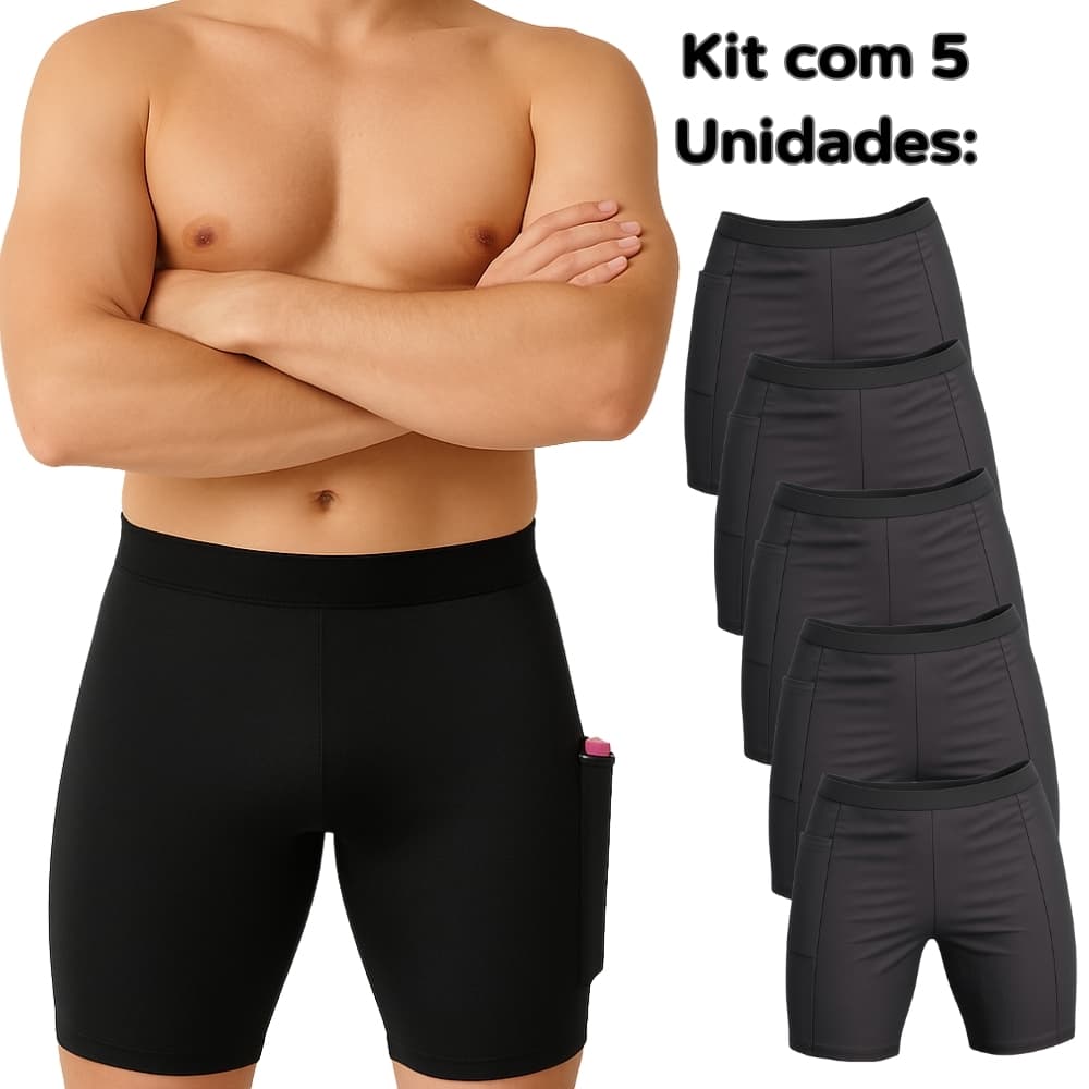 Kit 5 Bermuda Térmica Segunda Pele Com Bolso Compressão Short Ciclista Preta Masculina