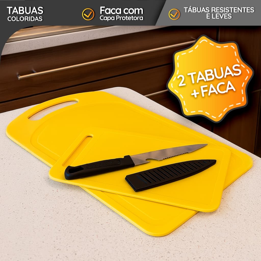 Kit 2 Tábuas de Corte + Faca com Proteção - Multiuso Sem Contaminação