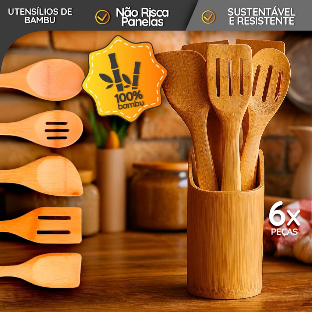 Kit 6 Utensílios de Bambu com Suporte – Cozinha Natural e Sustentável