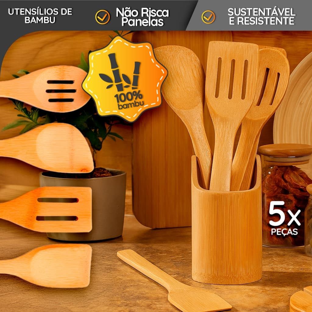 Kit 5 Utensílios de Bambu com Suporte – Cozinha Natural e Sustentável