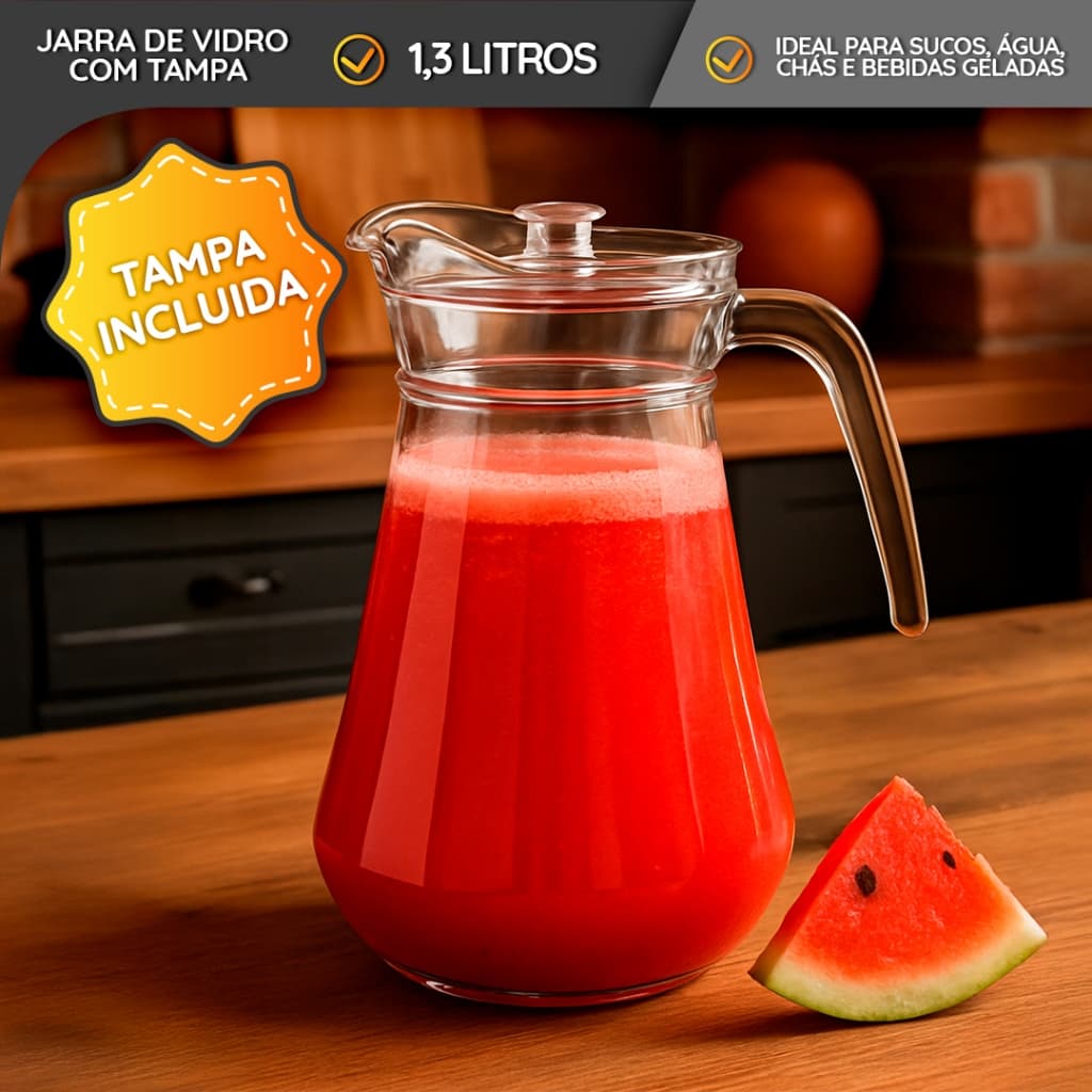 Jarra De Vidro 1,3 Litros Com Tampa Grande Litros Água Suco Drinks
