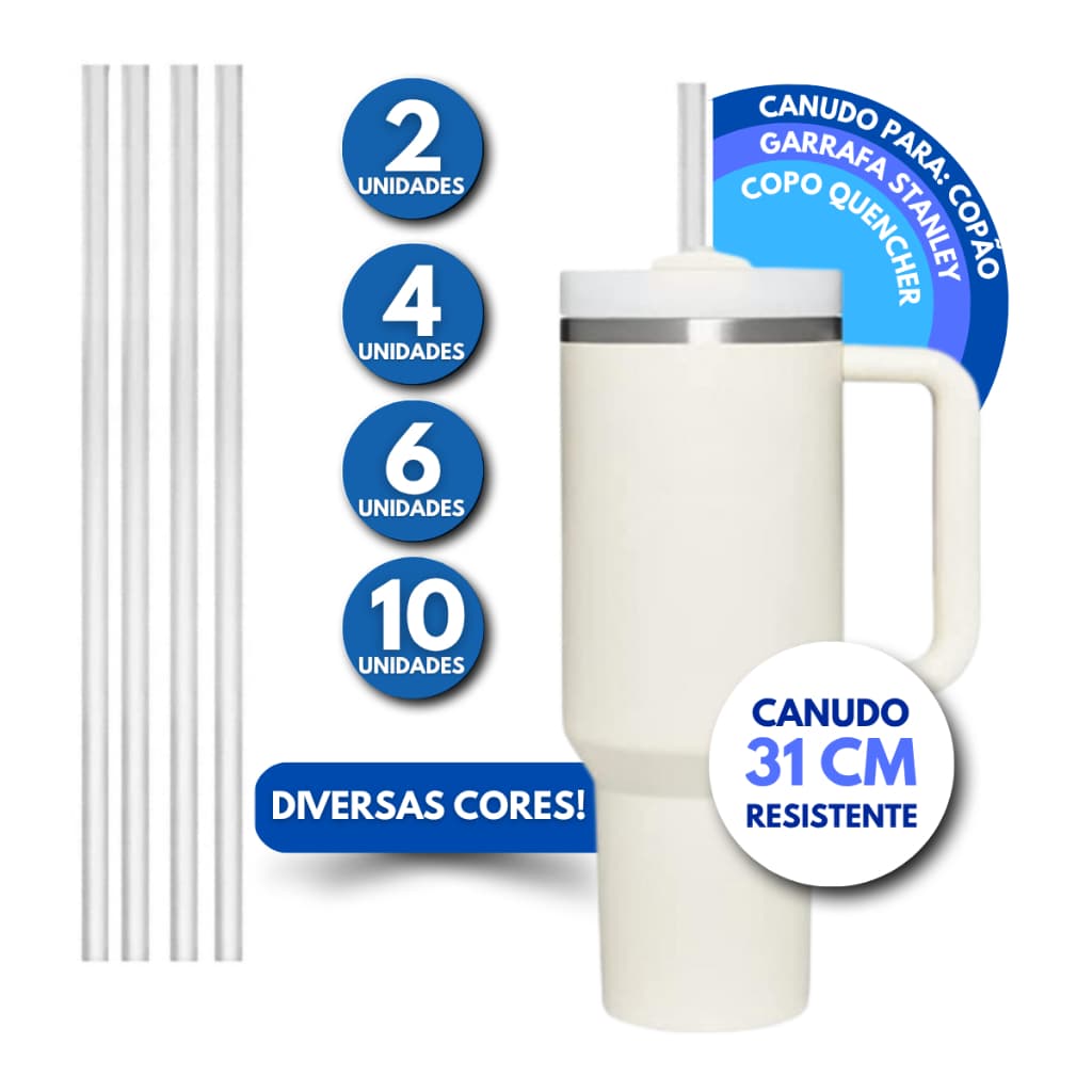 Kit Canudo Plástico Rígido 31cm Largo 2/ 4/ 6/ 10 Unidades Compatível Copo Garrafa Térmica