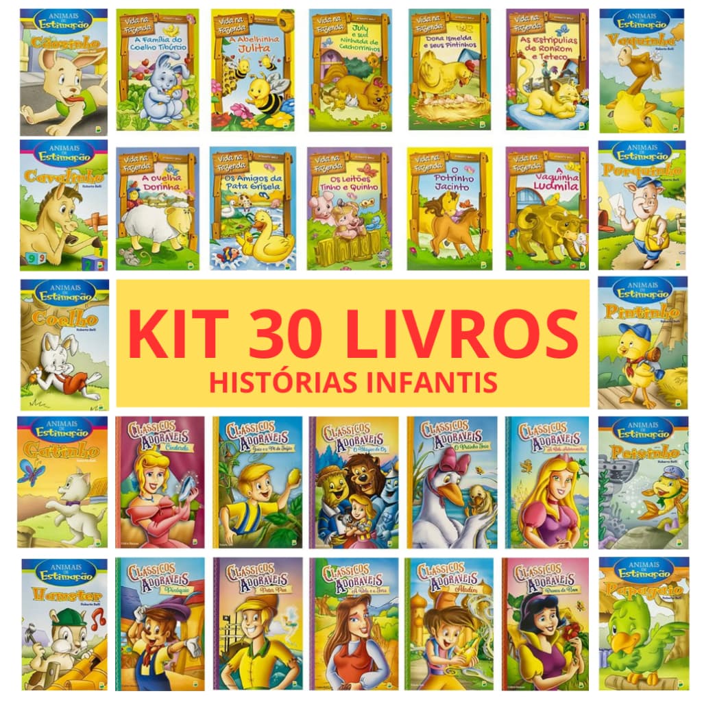 Kit 30 livros de Histórias Infantis - Vida na Fazenda, Animais de Estimação, Clássicos