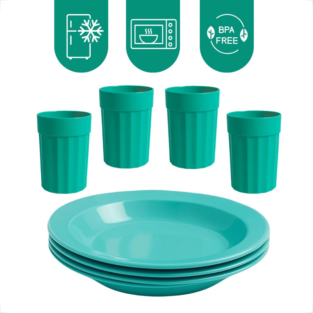 Kit 4 Copos + 4 Pratos Plástico Resistente Ideal para Refeição e Viagem