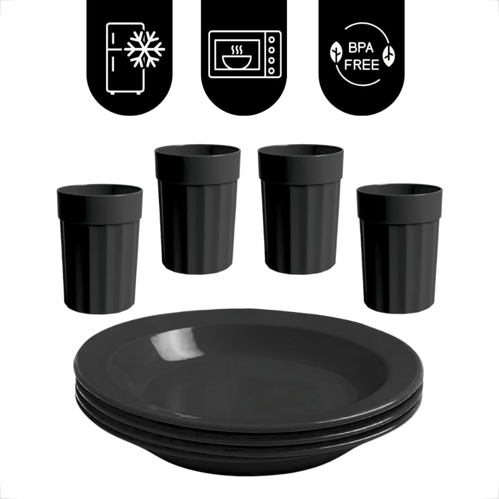 Kit 8 Peças Com 4 Pratos Fundos + 4 Copos 350ml Coloridos Reutilizáveis