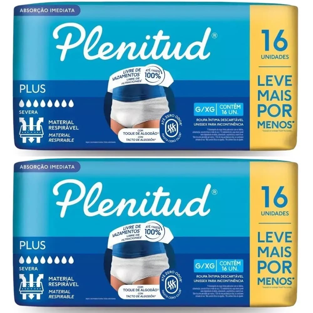 Kit 2ptes Fralda Roupa Íntima Plenitud 16un G/XG Plus Total 32un Cintura 112 a 137cm