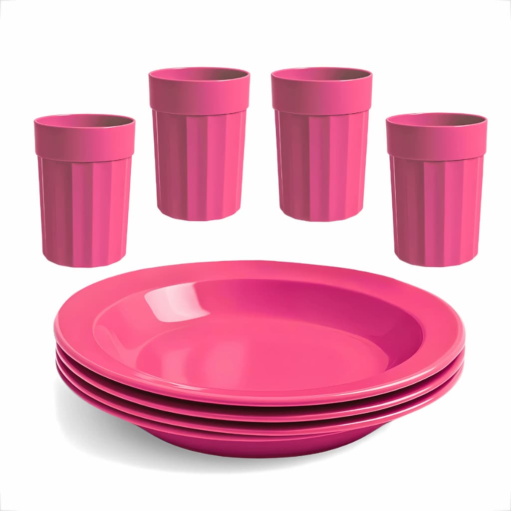 Kit 4 Pratos Fundos + 4 Copos 350ml Plástico Resistente Reutilizável Colorido
