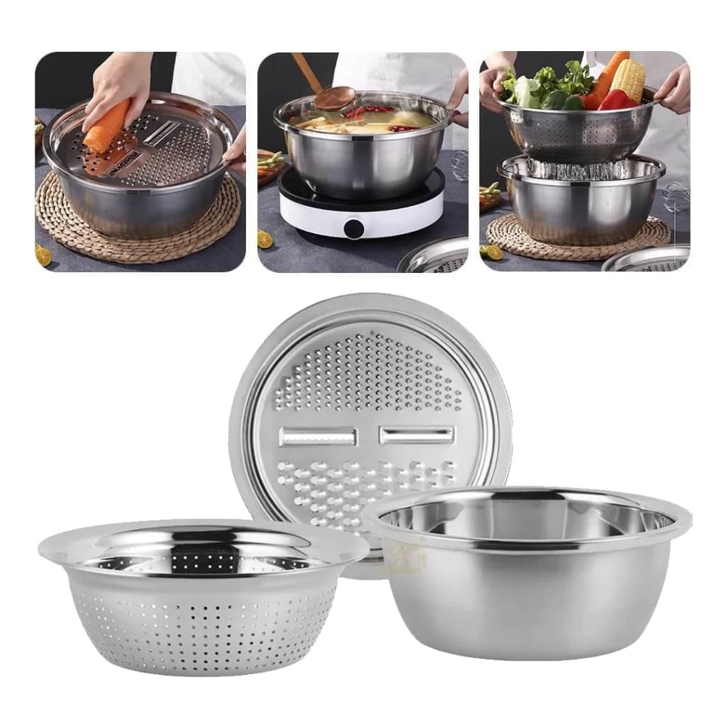 Kit 3 Em 1 Ralador Fatiador Escorredor Com Bacia Manual