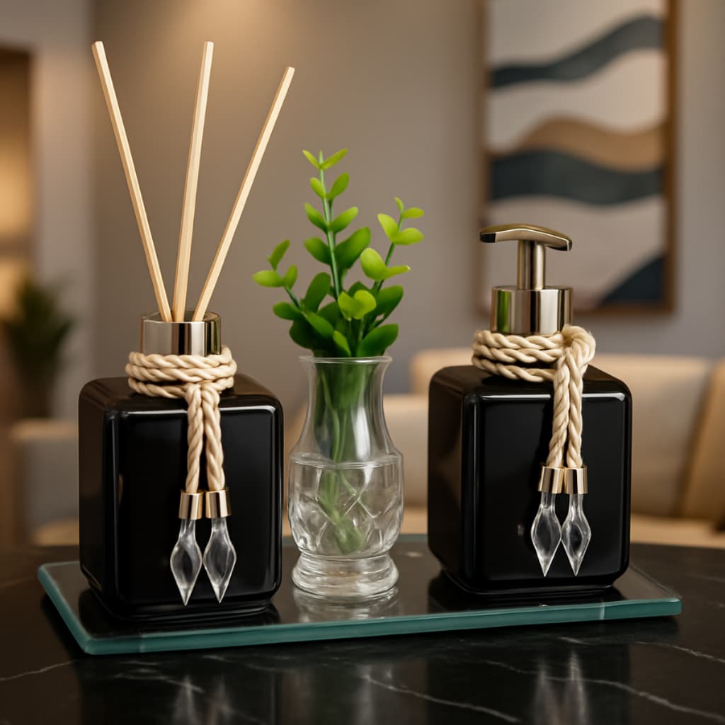 Kit Lavabo Banheiro Luxo c/ Aromatizador Saboneteira 300 ML Vaso  Bandeja Moderna