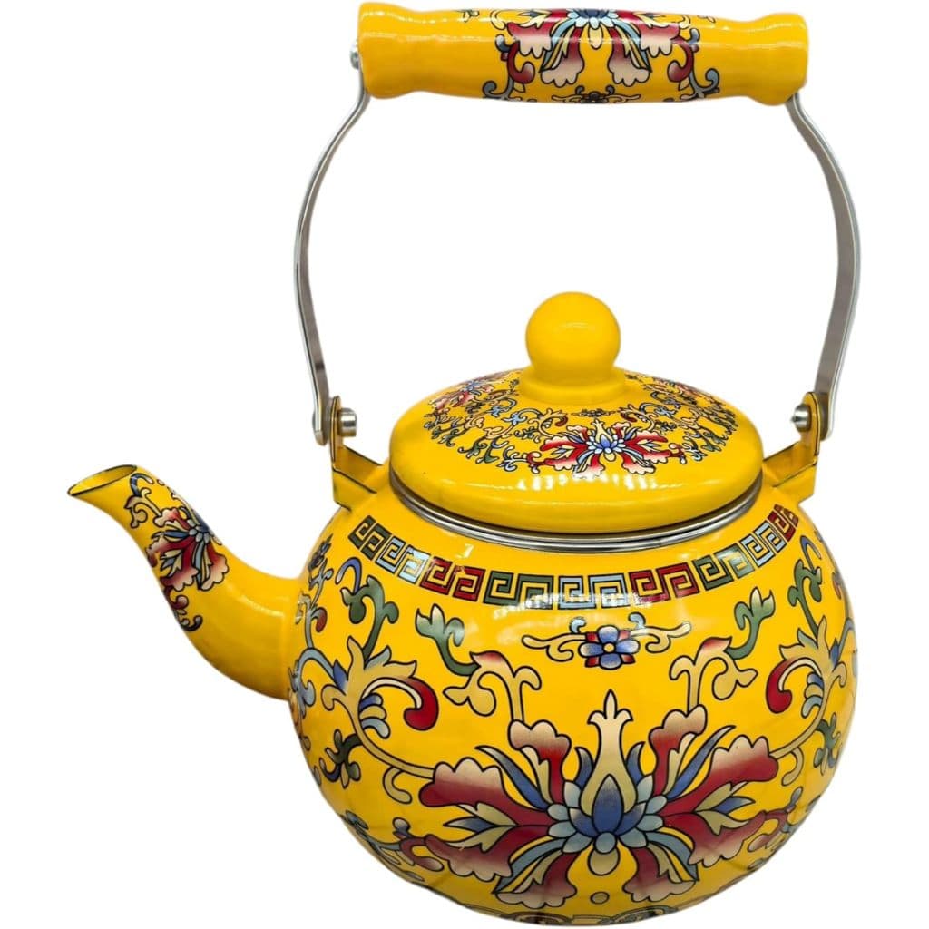 Chaleira Esmaltada Amarela - Verde Estampa Floral Vintage 2,5 Litros e Infusor Inox -Alça Ergonomica