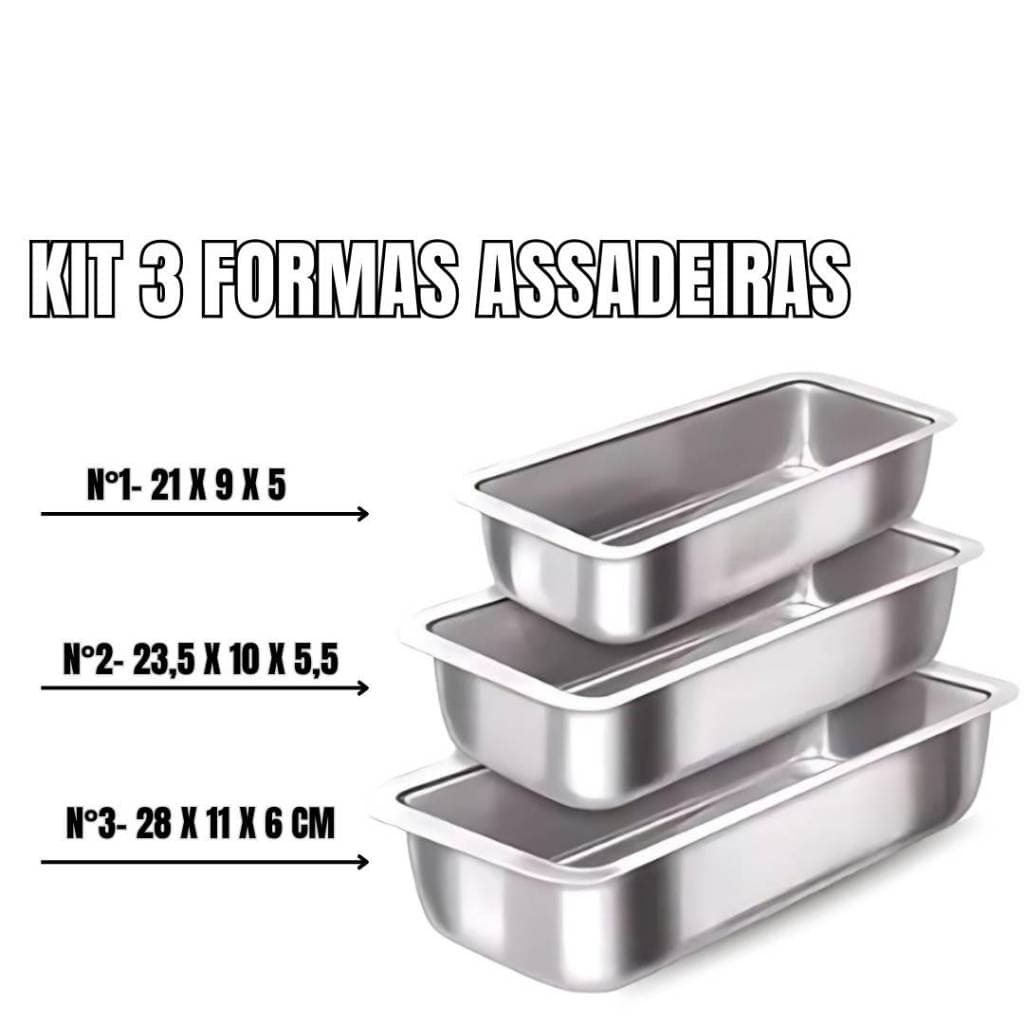 Kit com 3 Formas Assadeiras Pão Inglês Retangular Nº1 Nº2 e Nº3 Alumínio - Estamparia Leste