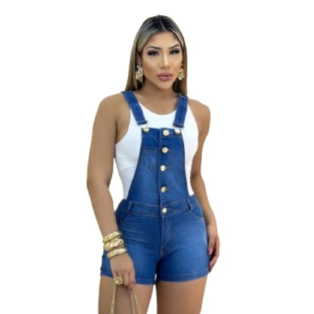 Jardineira Jeans Feminina lycra Macacão Macaquinho alças ajustaveis
