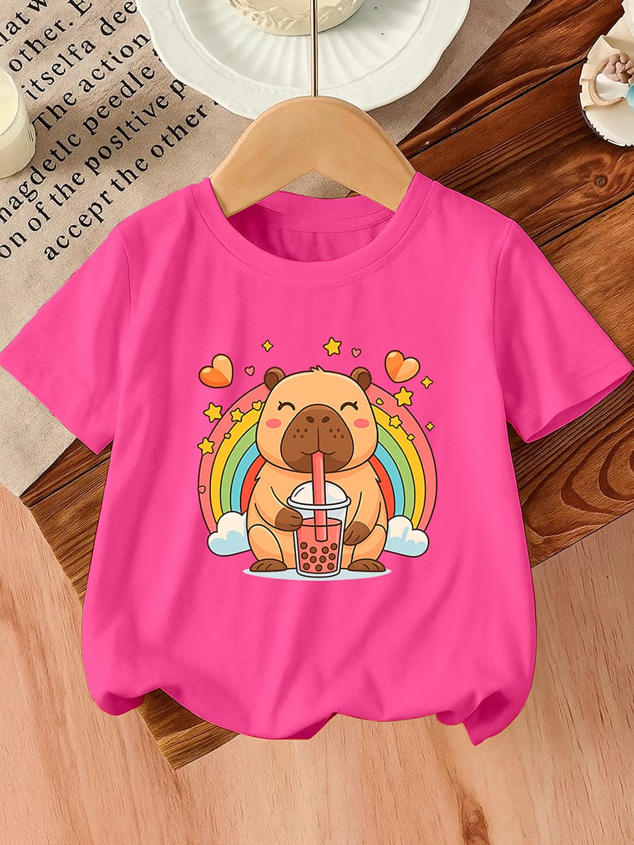 Camiseta Infantil Capivara Arco-Íris 100% Algodão  Fofo Cute Estampado Animal