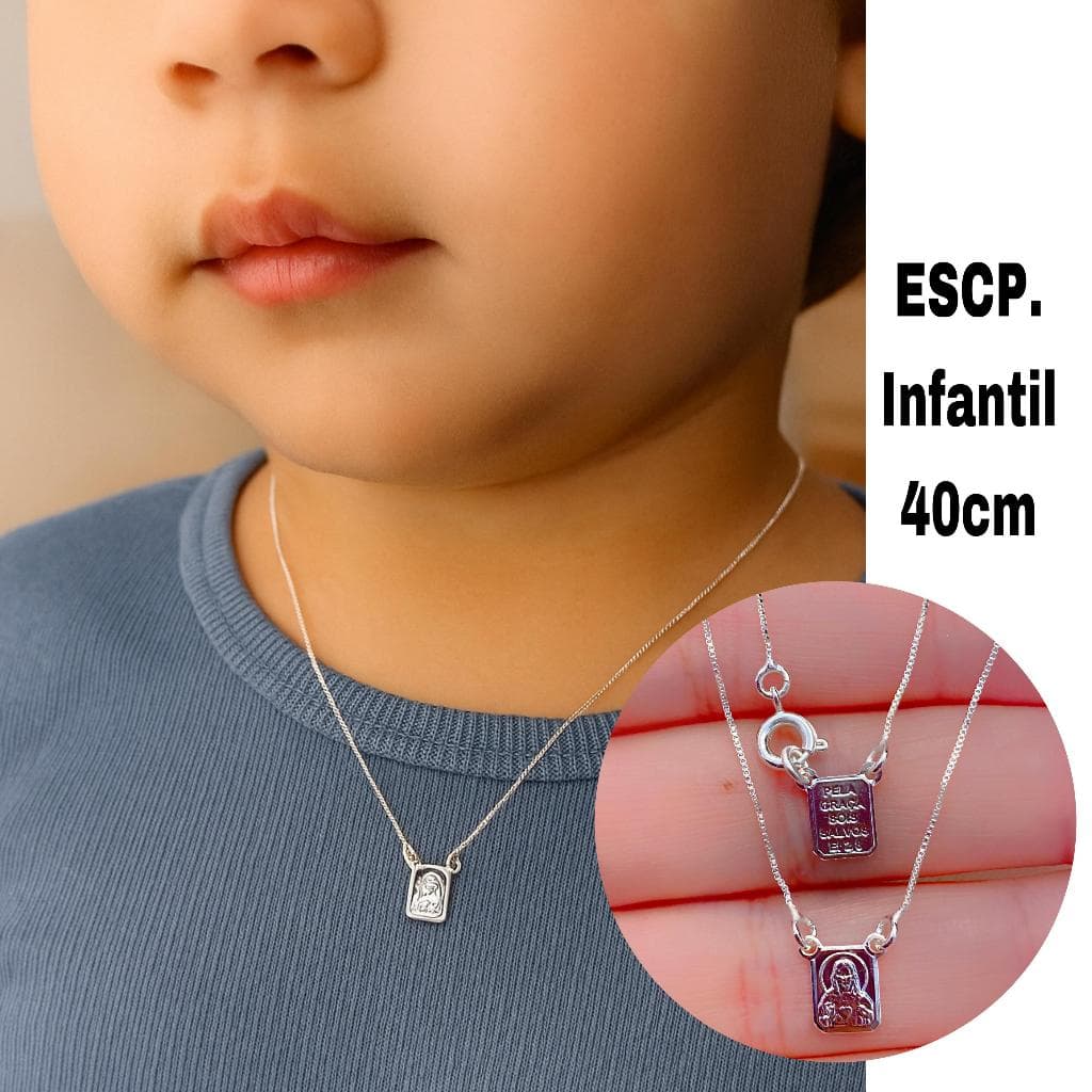 Escapulário Infantil Prata 925 Sagrado Coração de Jesus e Nossa Senhora do Carmo Pai e filho