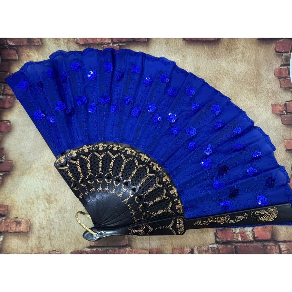 Leque de mão compacto liso Azul e Dourado