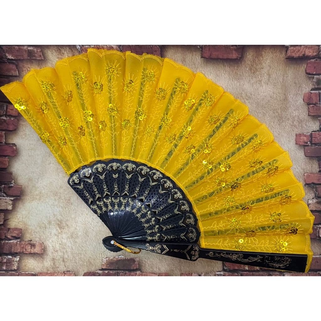 Leque de mão compacto liso Amarelo e Dourado