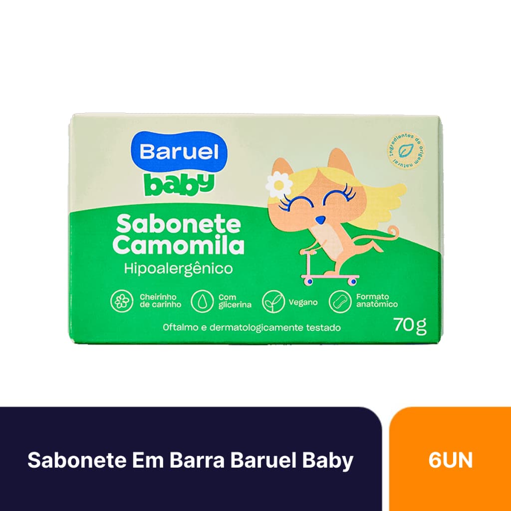 Kit 6un Sabonetes Em Barra Infantil Baruel Baby Camomila Com 70g
