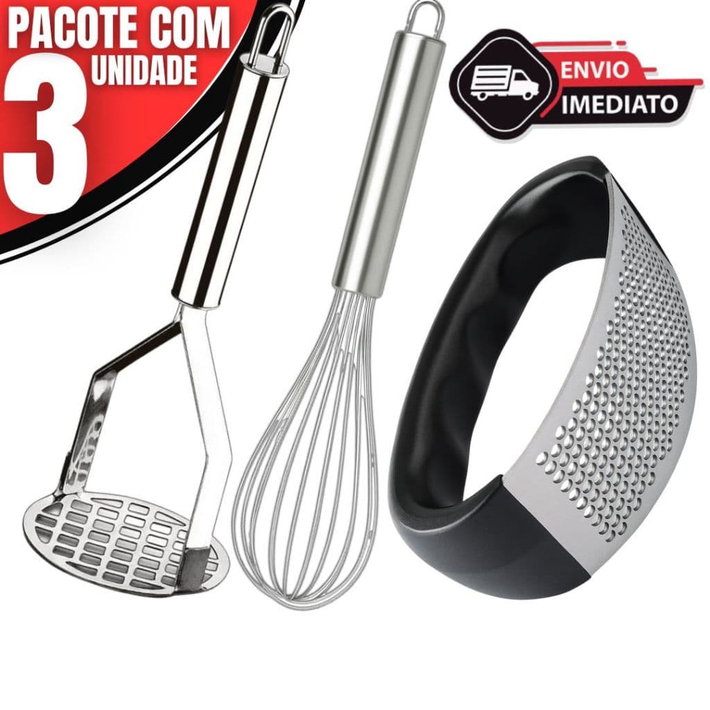 Kit Utensílios Aço Inox – Amassador de Batata, Espremedor de Alho e Fouet Batedor de Ovos