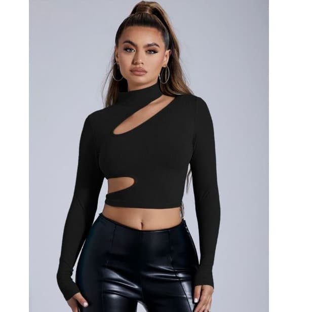 Cropped Top Recortado Manga Longa Moda Blogueira Simples Vazado Cortado