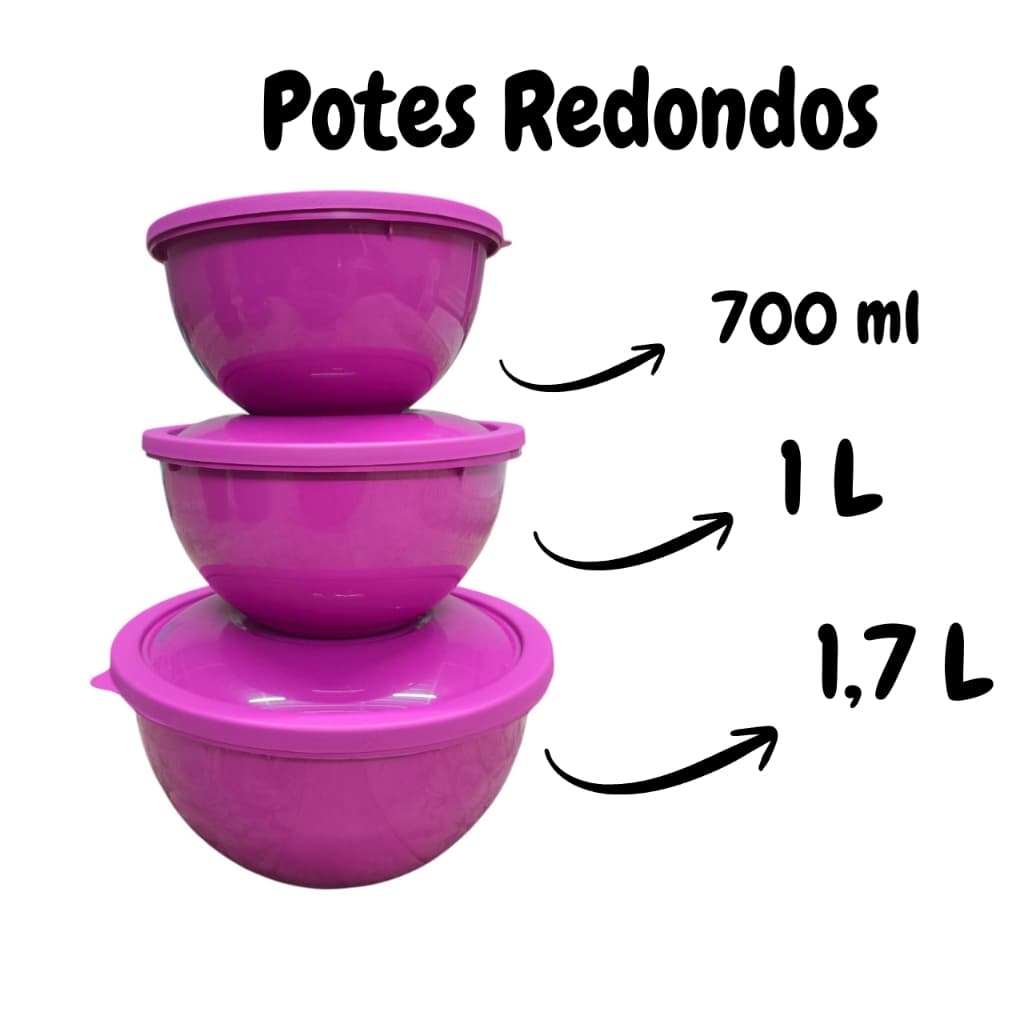 Kit Bowl com 3 Potes Redondos 700 ml 1L e 1,7L.