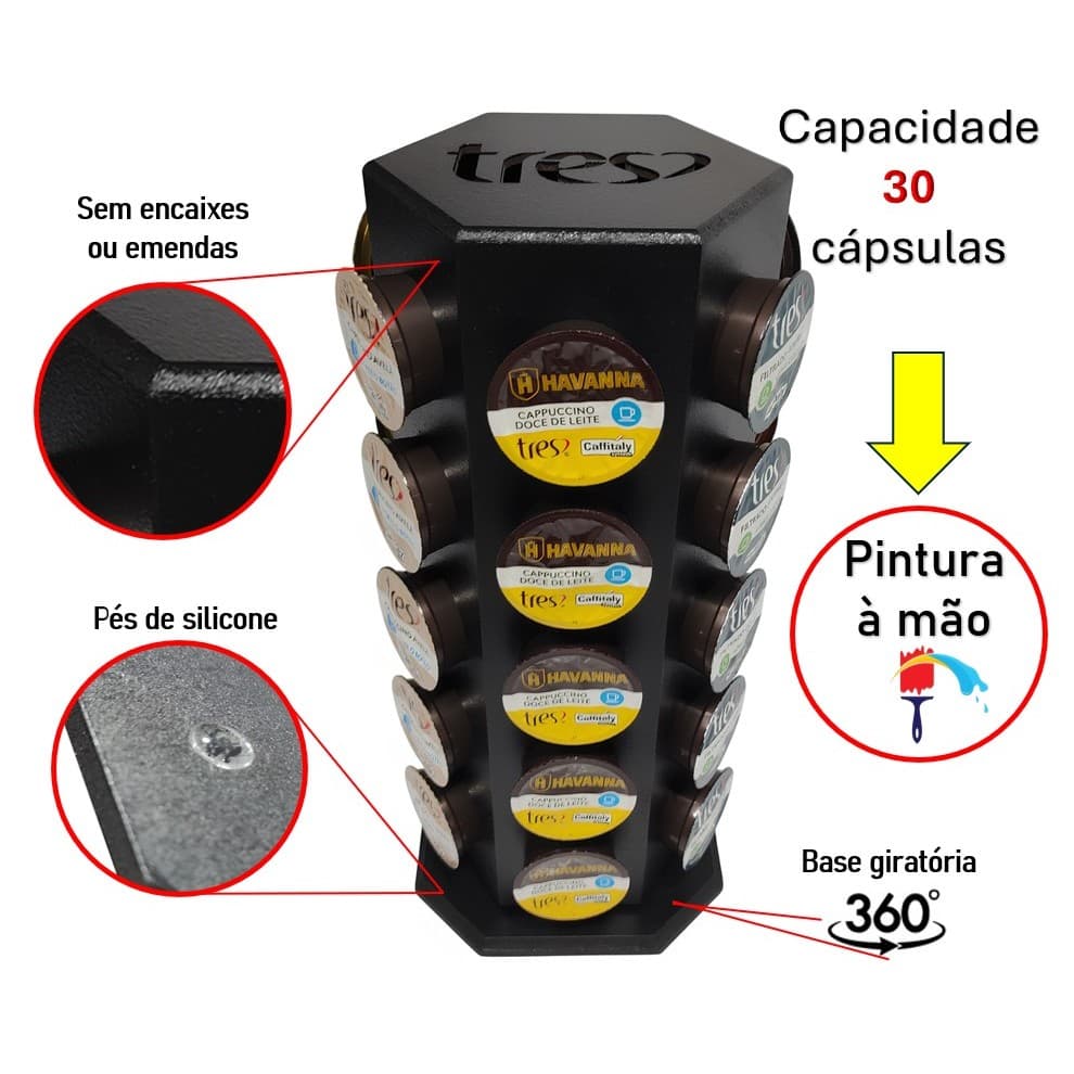Torre Suporte Organizador TRES CORAÇÕES Porta Capsulas Cantinho do Café Giratório 30 Cápsulas MDF