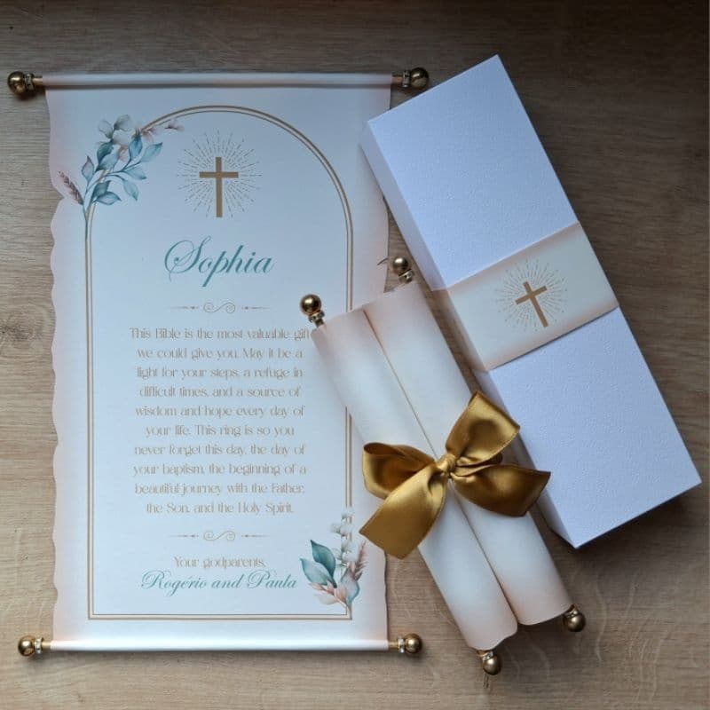 Pergaminho com Caixa • Convite Padrinhos de Batismo • Presente Personalizado • Festa Infantil