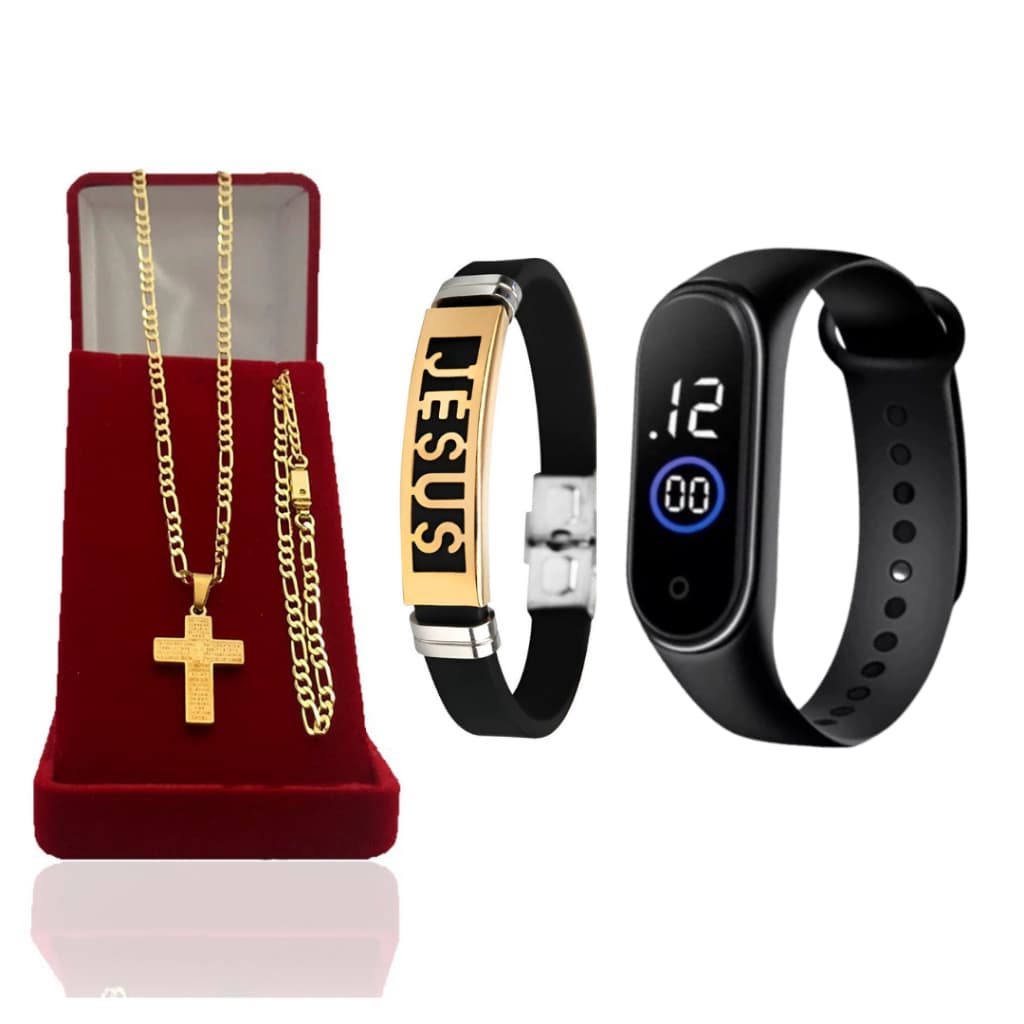 Corrente 3mm Cordão Infantil Menino Colar Elo 3x1 + Pingente  Cruz Pai Nosso  +1 Relógio" Digital + 1 Bracelete Jesus