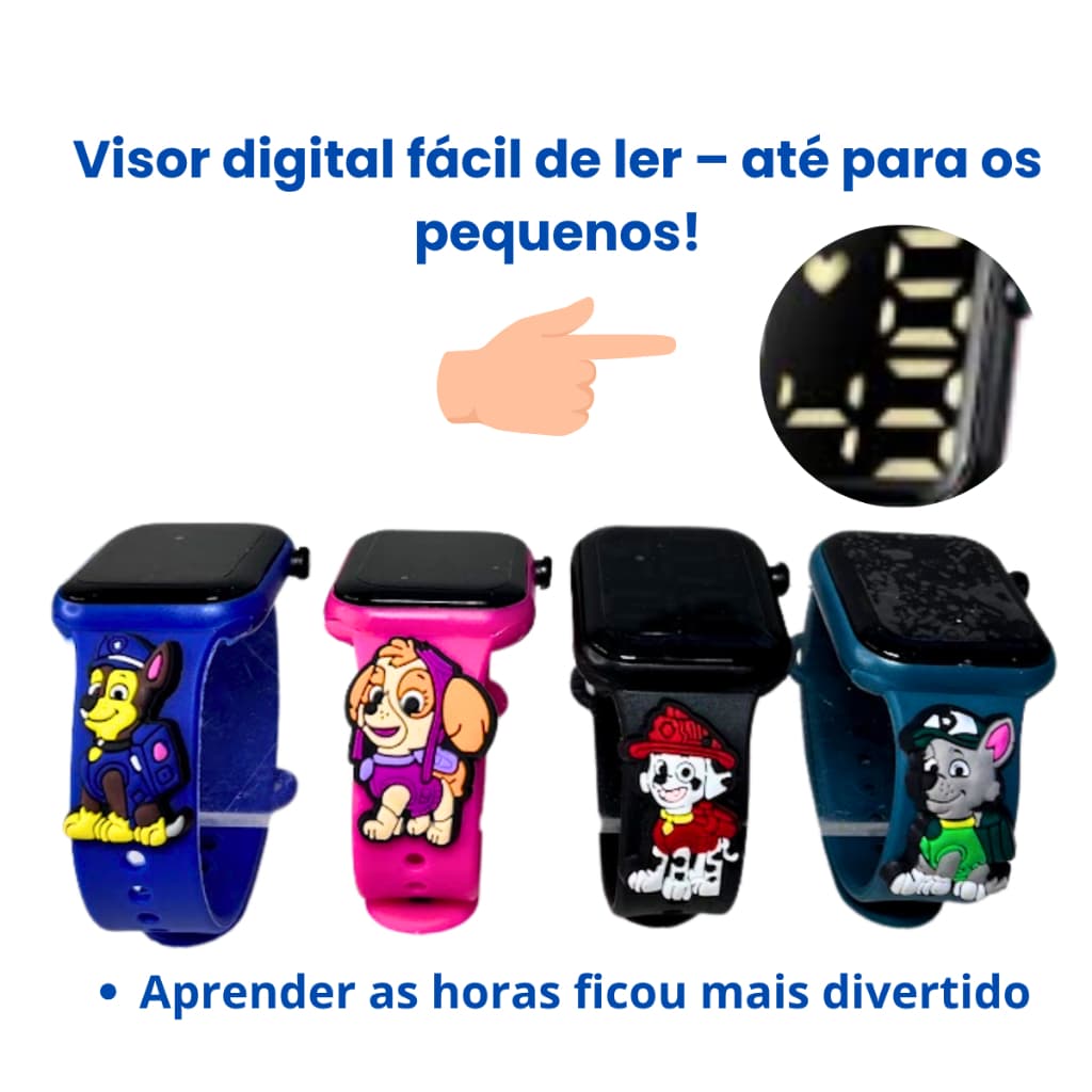 Relógio Infantil Digital  Patrulha Canina Chase Visor Led Menina Menino