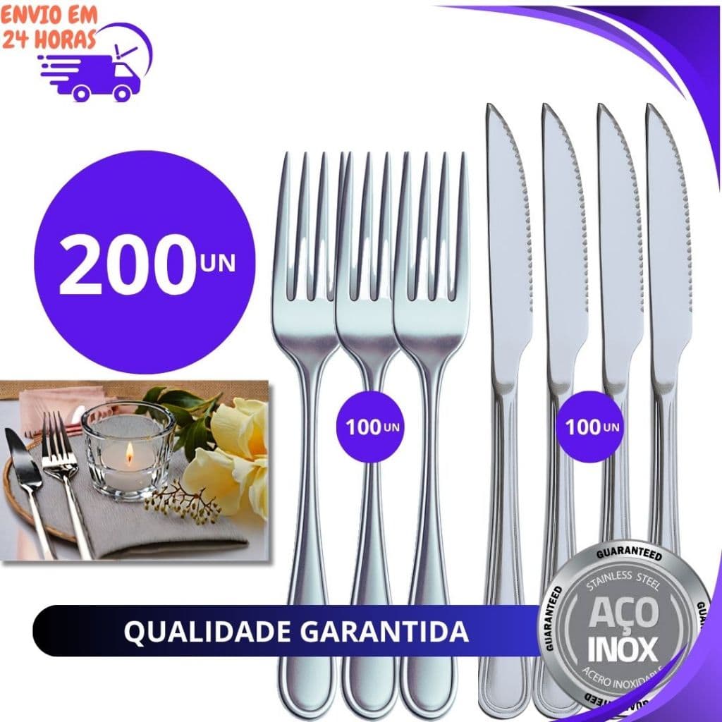 Kit 200 ou 100 Peças de Talheres Aço Inox 100 Garfos 100 Facas Mesa Casa Para Cozinha Restaurantes.
