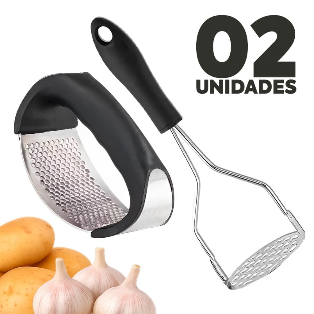 Conjunto de Inox Amassador de Batata e Espremedor de Alho para Cozinha