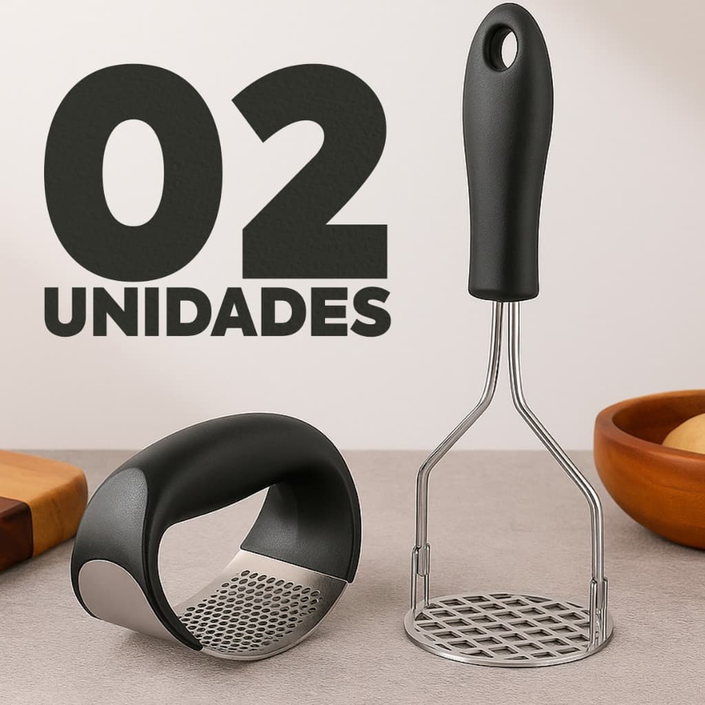 Conjunto Amassador de Batata e Espremedor de Alho Resistente Inox para Cozinha