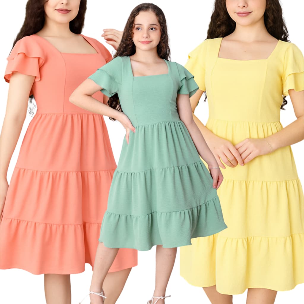 VESTIDO  JUVENIL COM MANGA BABADO E ELASTICO NAS COSTAS TECIDO DUNA NAO AMASSA