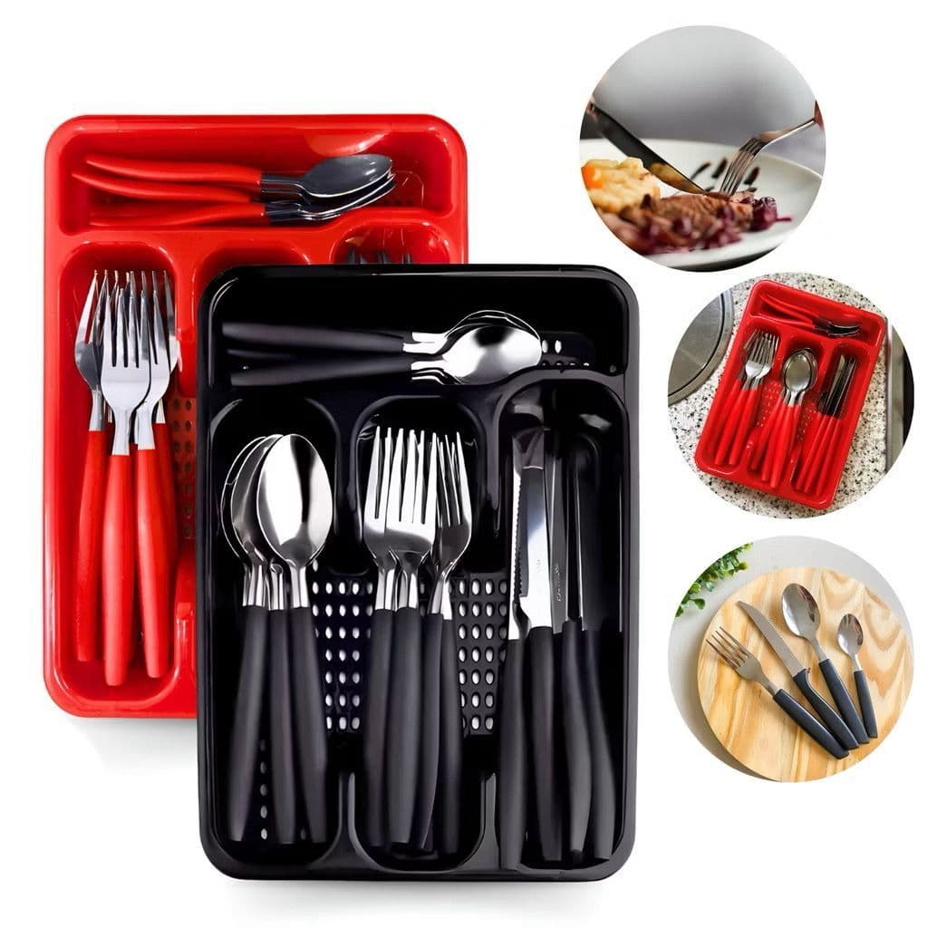 Jogo De Talheres Premium Inox Com 25 Peças + Suporte Gaveteiro