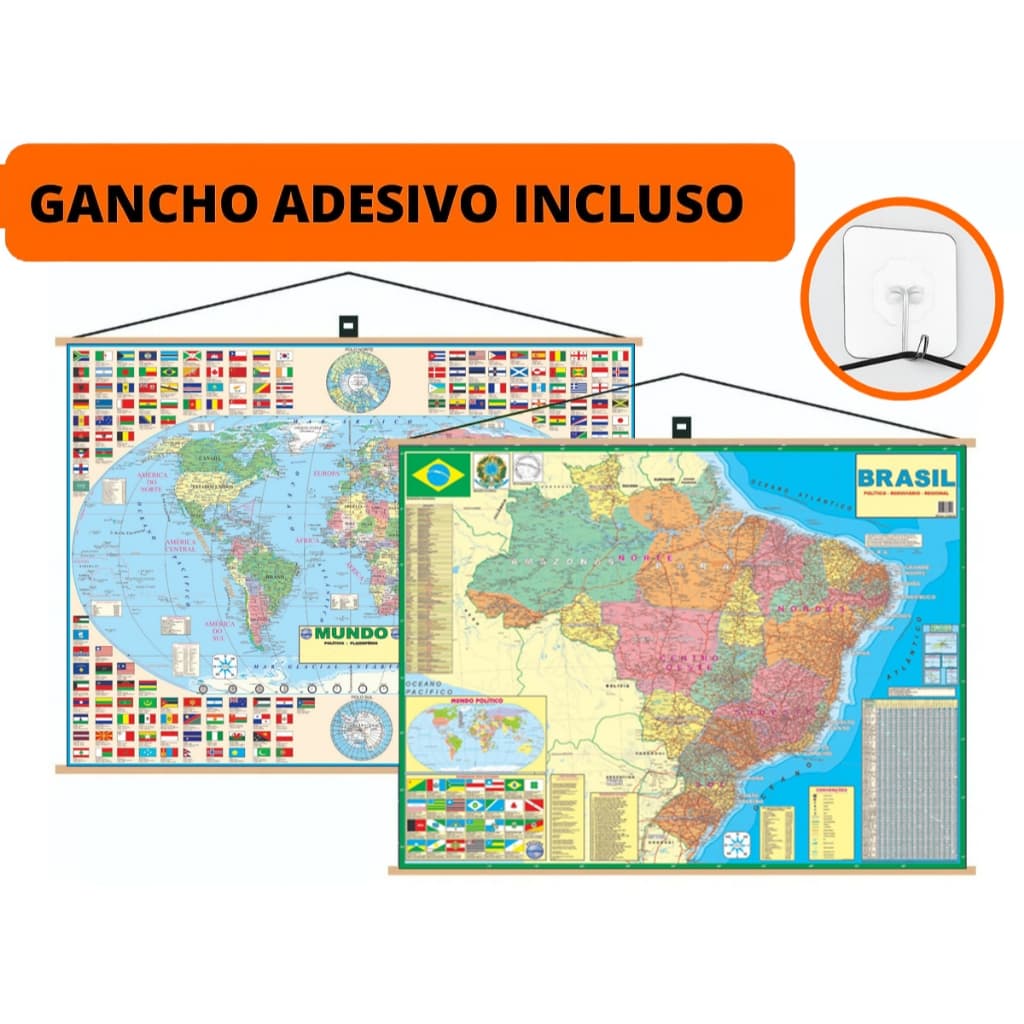 Mapa Brasil + Mundi  Banner Laminado 120x90cm + Gancho autocolante Pronto para pendurar
