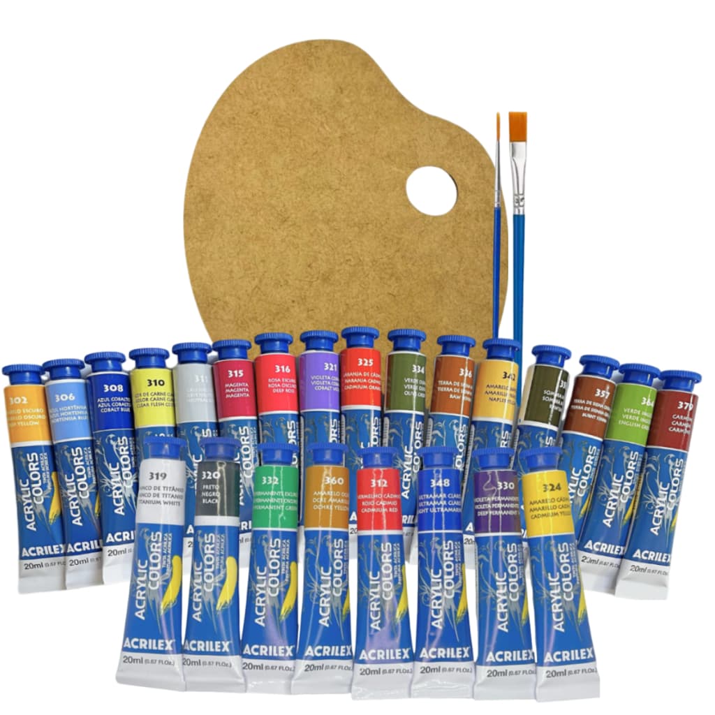 Kit Pintura Em Tela 24 Tinta Acrílica Acrilex Paleta Pincel