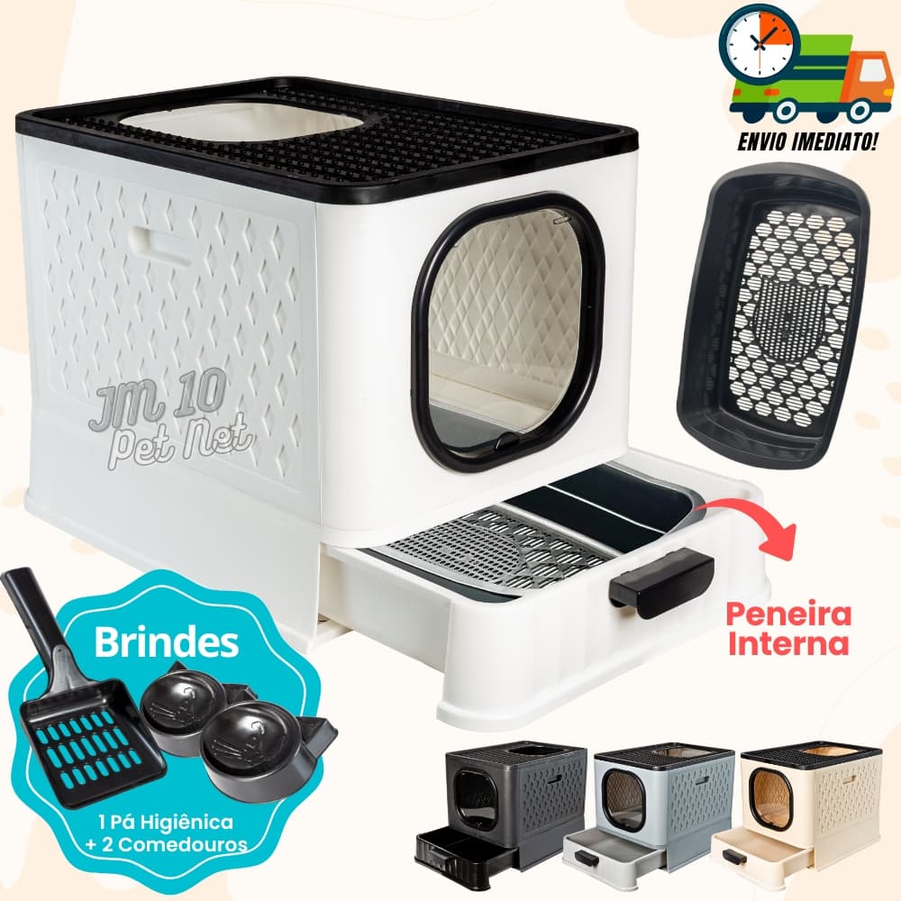 Caixa de Areia Fechada Para Gatos Luxo Com Peneira Interna Porta Transparente + Pá + 02 Comedouros