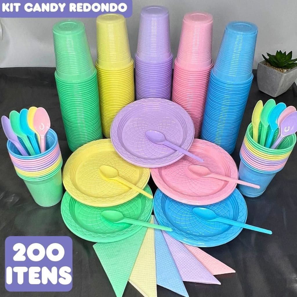 Kit 200 Itens Festa Aniversário Completo Candy Pastel Descartável Pratinho Copo Colher Guardanapo