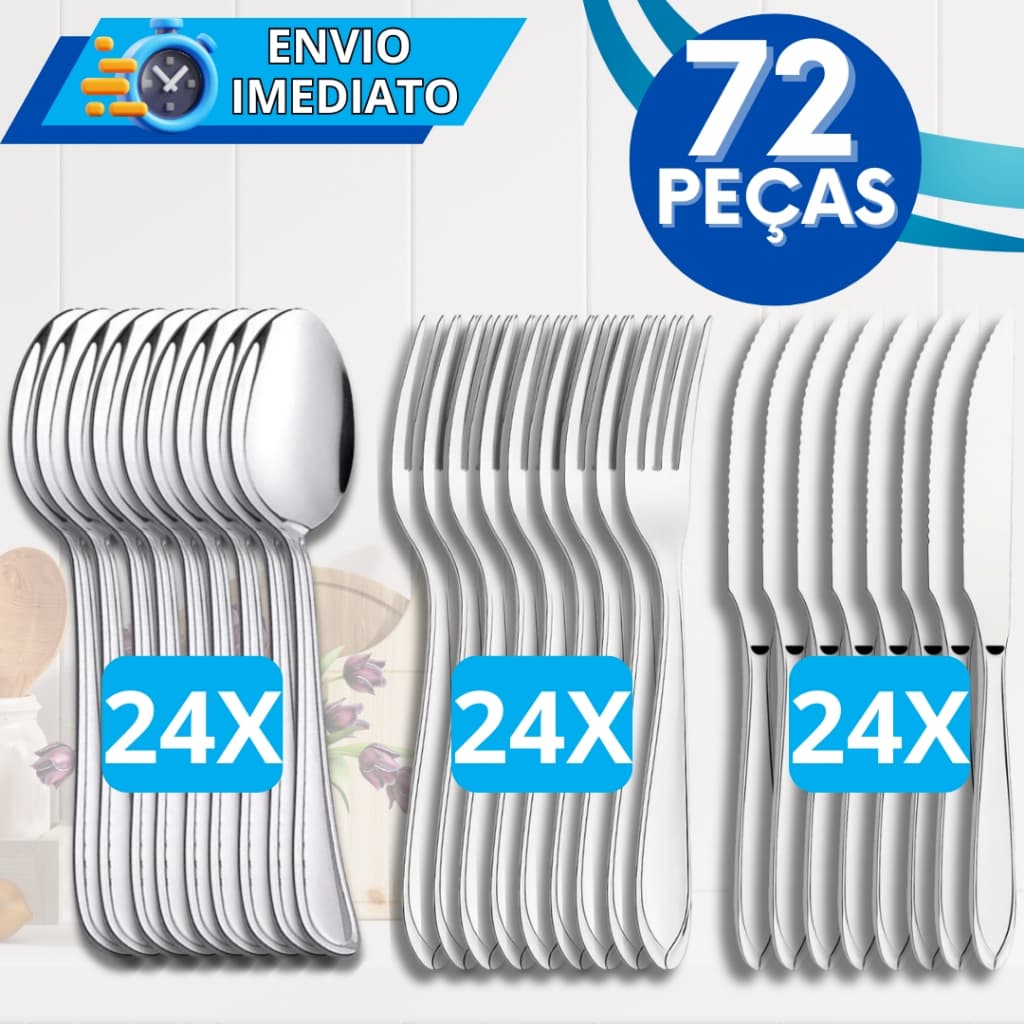 Conjunto Jogo de Talheres 72 Peças Aço Inox 24 Facas 24 Garfos 24 Colheres de Mesa Para Casa Cozinha Restaurante Buffet
