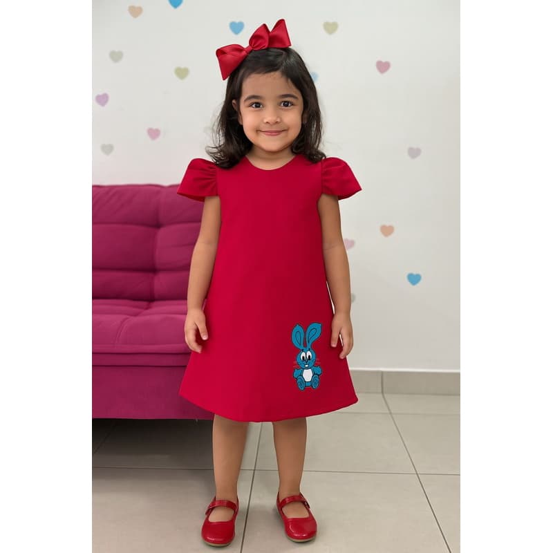 🎈✨ Vestido Infantil Vermelho com Coelhinho Azul ✨🎈