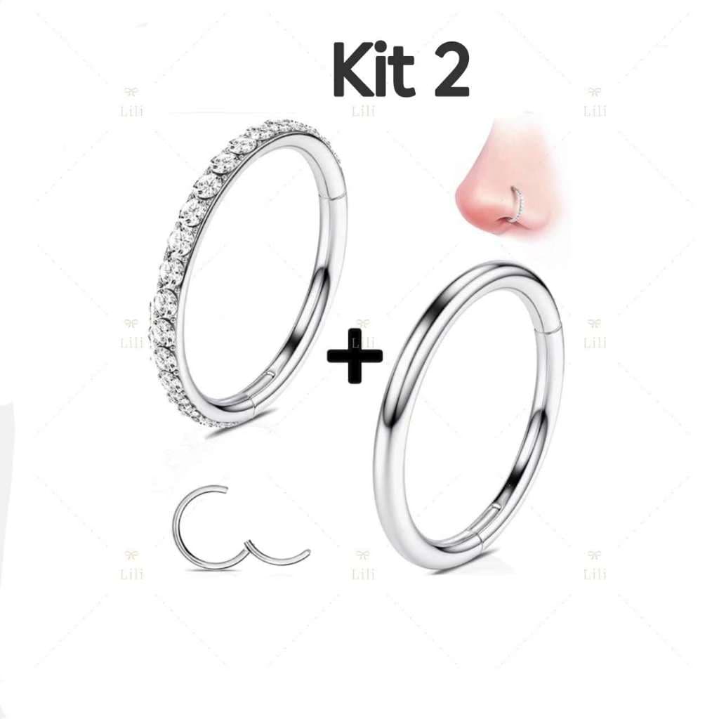 Kit 2 Piercing Argola Click ( Lisa +  Zircônia ) de Aco inox , Piercing corporal unissex