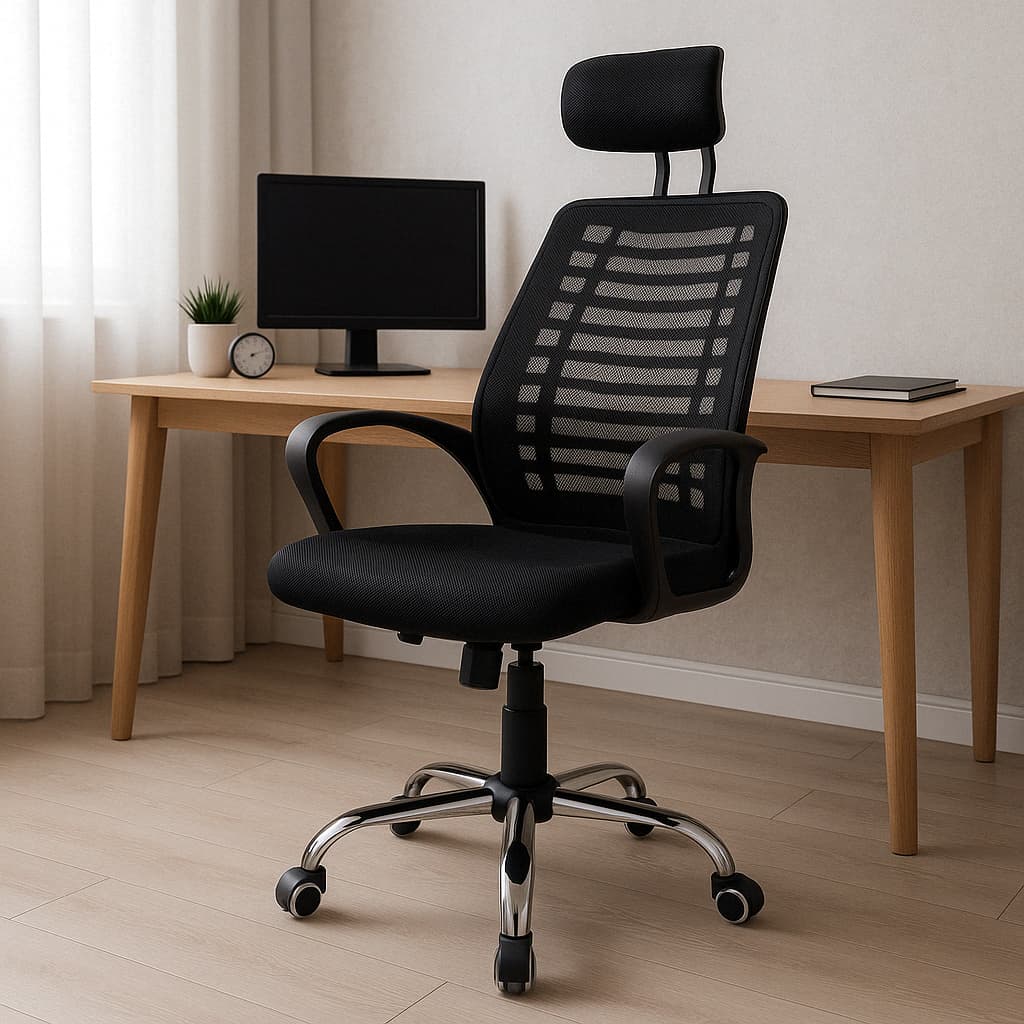 Cadeira De Escritório Presidente Alta Estofada Giratória Ergonômica Tecido Tela Mesh Ribs Preta