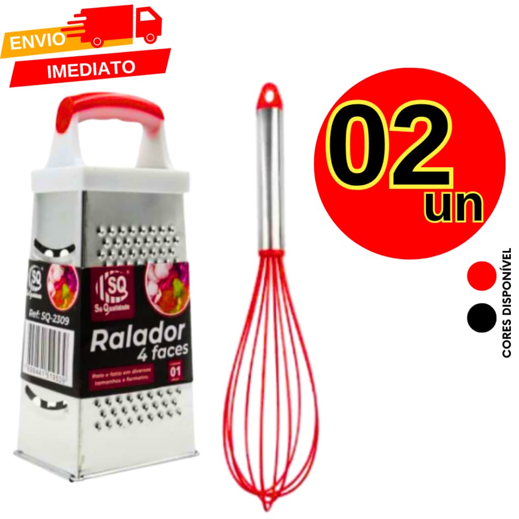 Kit 2 Batedor Claras Bolos Ovos Fue de Silicone 30cm + Ralador 4 Faces Aço Inox 22cm Cozinha