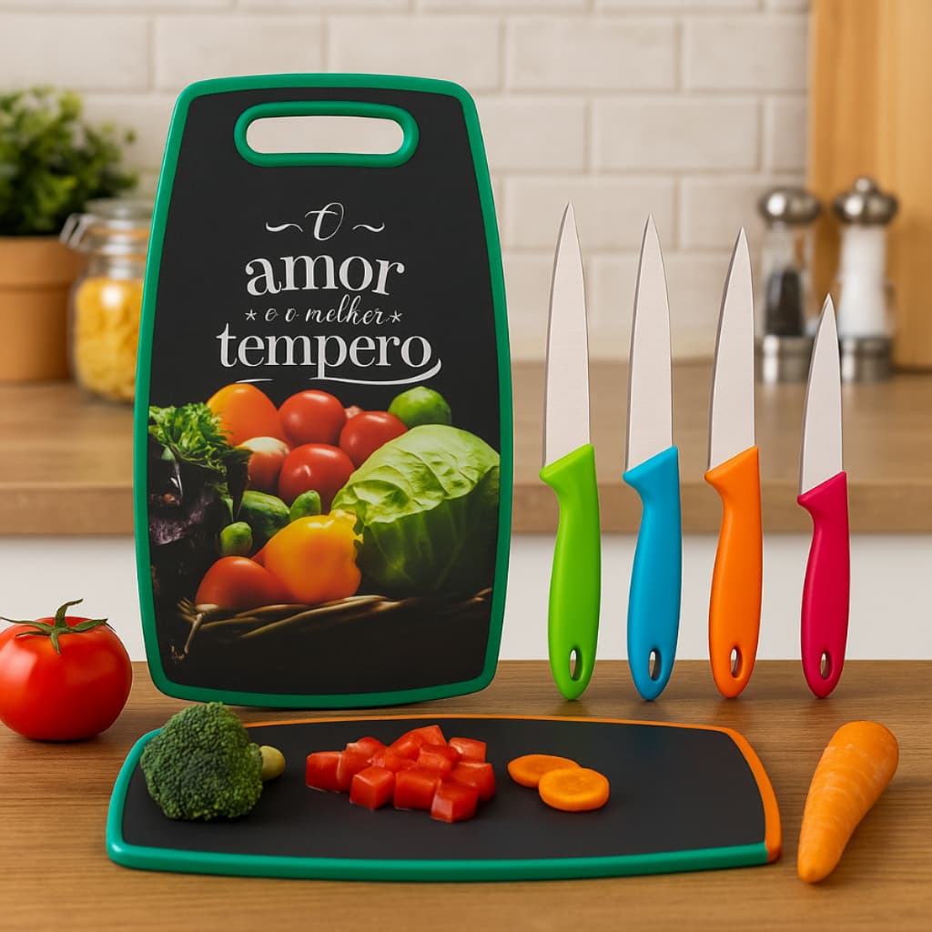 Tabua de Corte Grande + Jogo 4 Facas Neon Coloridas super afiadas