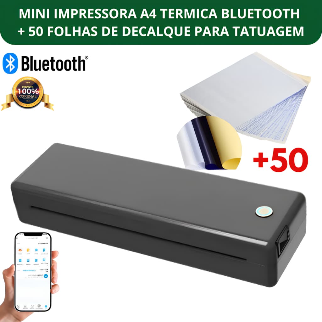 Mini Impressora portartil A4 termica + 50 folhas de decalque