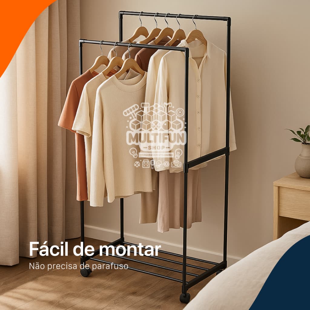 Cabideiro Arara Dupla de Roupa em Sapateira Quarto Resistente C/ Rodinha Multiuso Mais de 20 Cabides