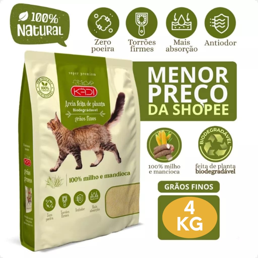 Kadi Areia Biodegradável Grãos Fino Gato 4kg Milho Mandioca 4 kg Cat Gatos Grao Finos Bio Verde