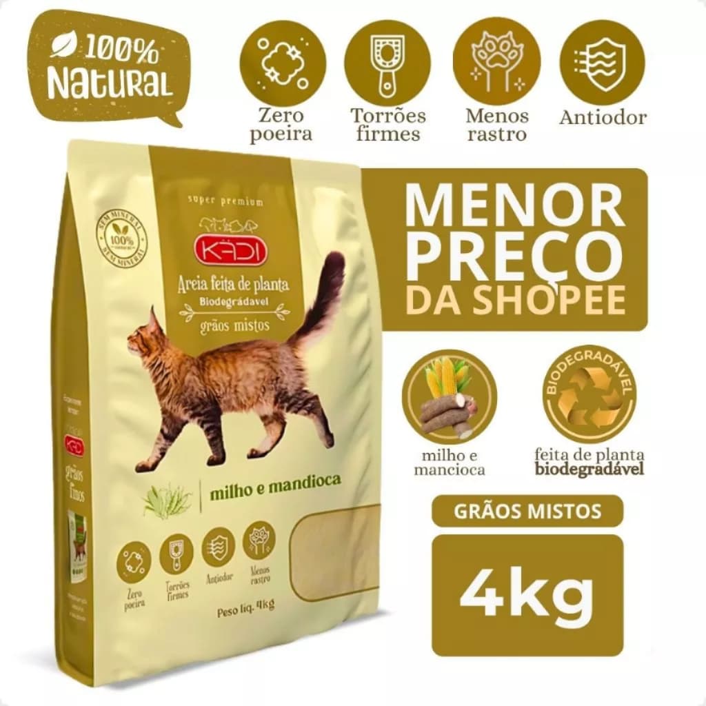 Areia Biodegradável Kadi Grão Misto (fino e grosso) Gato 4kg Milho Mandioca Cat Gatos bio