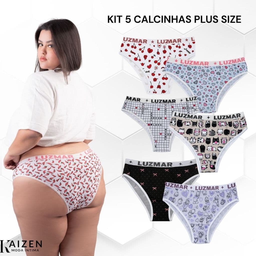 Kit 5 Calcinhas Plus Size G1 G2 G3 G4 Algodão Estampada Com Elástico Conforto Cintura Alta