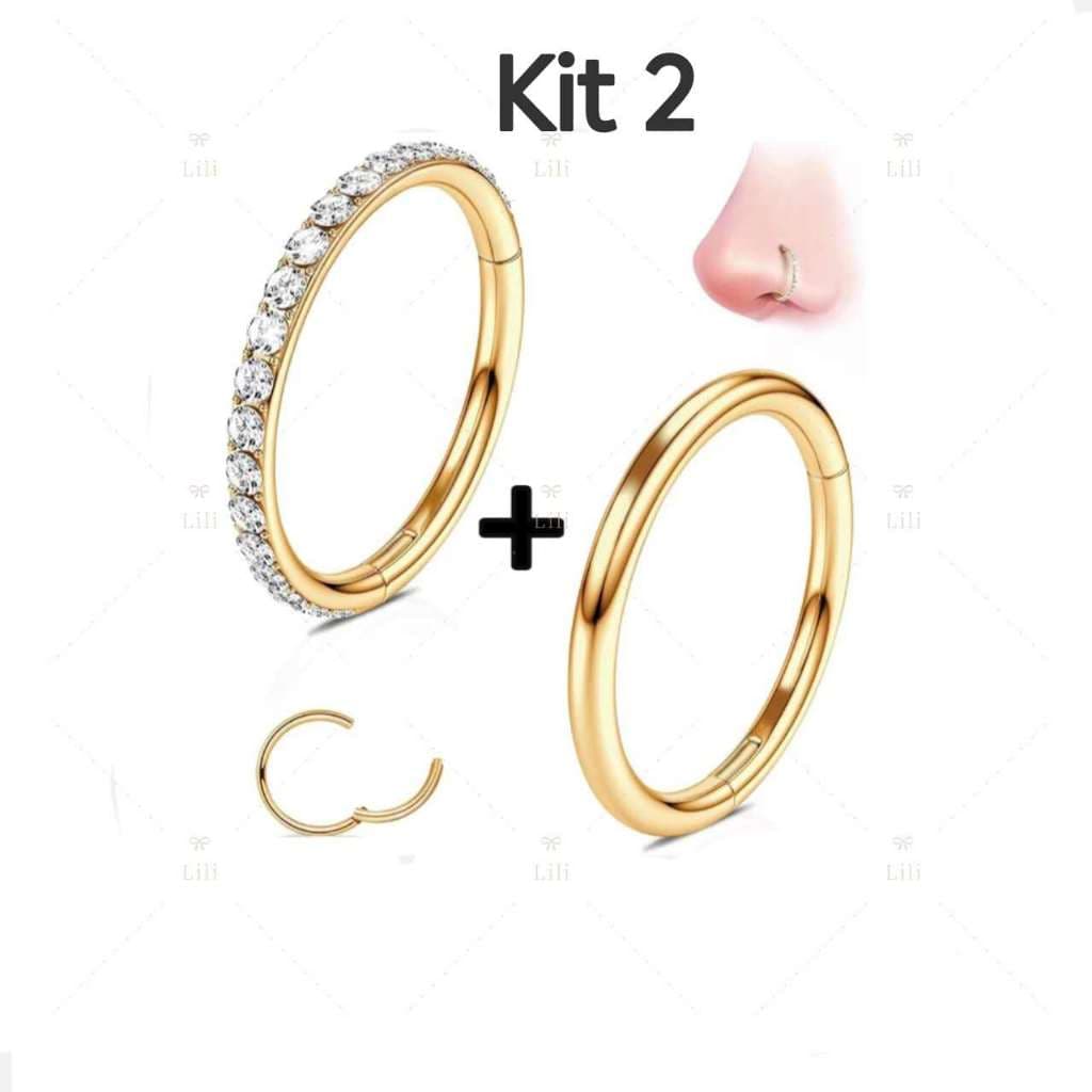 Kit 2 Piercing Dourado Argola Click ( Lisa +  Zircônia ) de Aco inox , Piercing corporal unissex